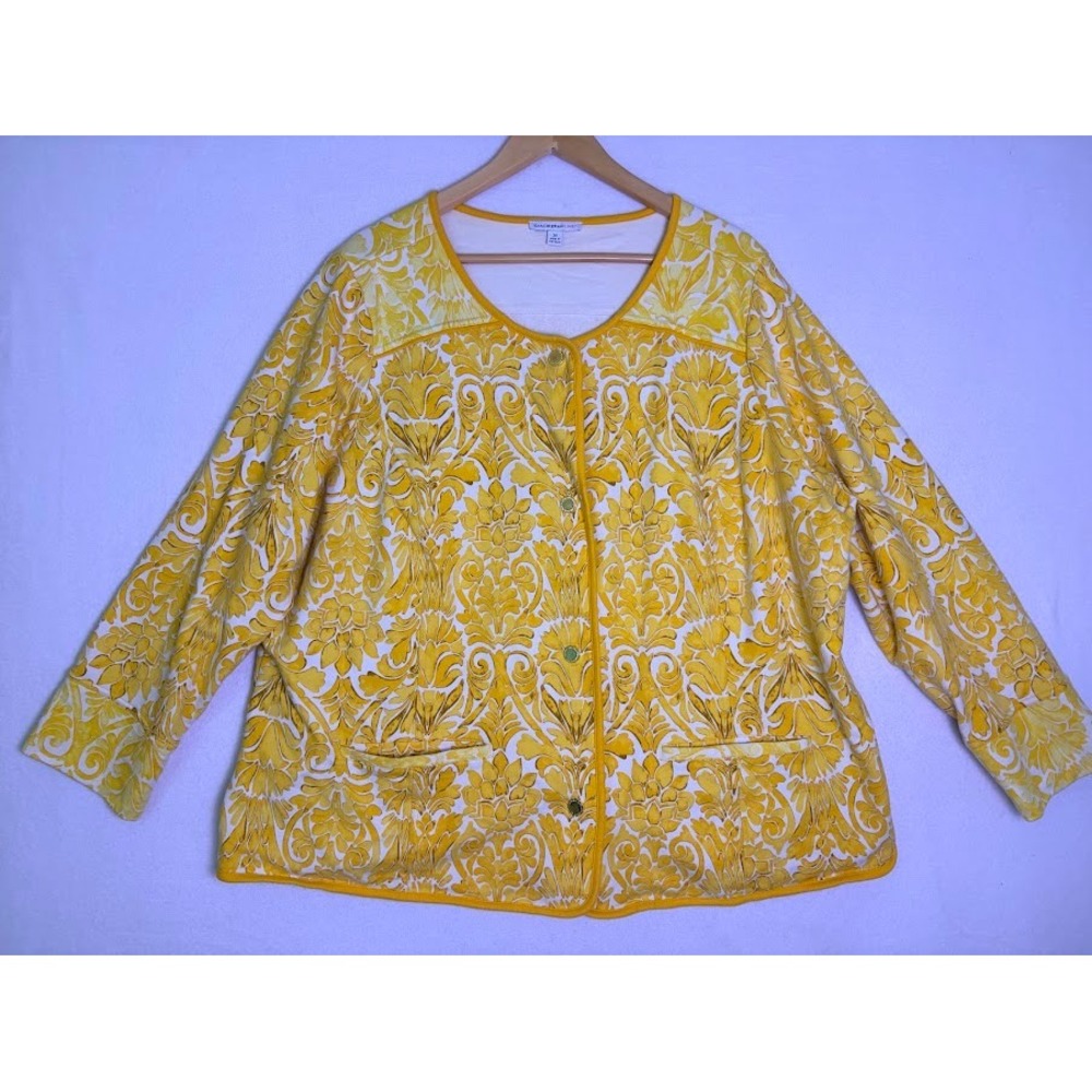 Sundance Damask Scroll Button Up Jacket Womens 2X Yellow White Stretch Cotton